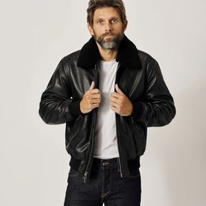 Buck Mason Sundown Leather Flight Jacket w/detachable shearling collar, size med
